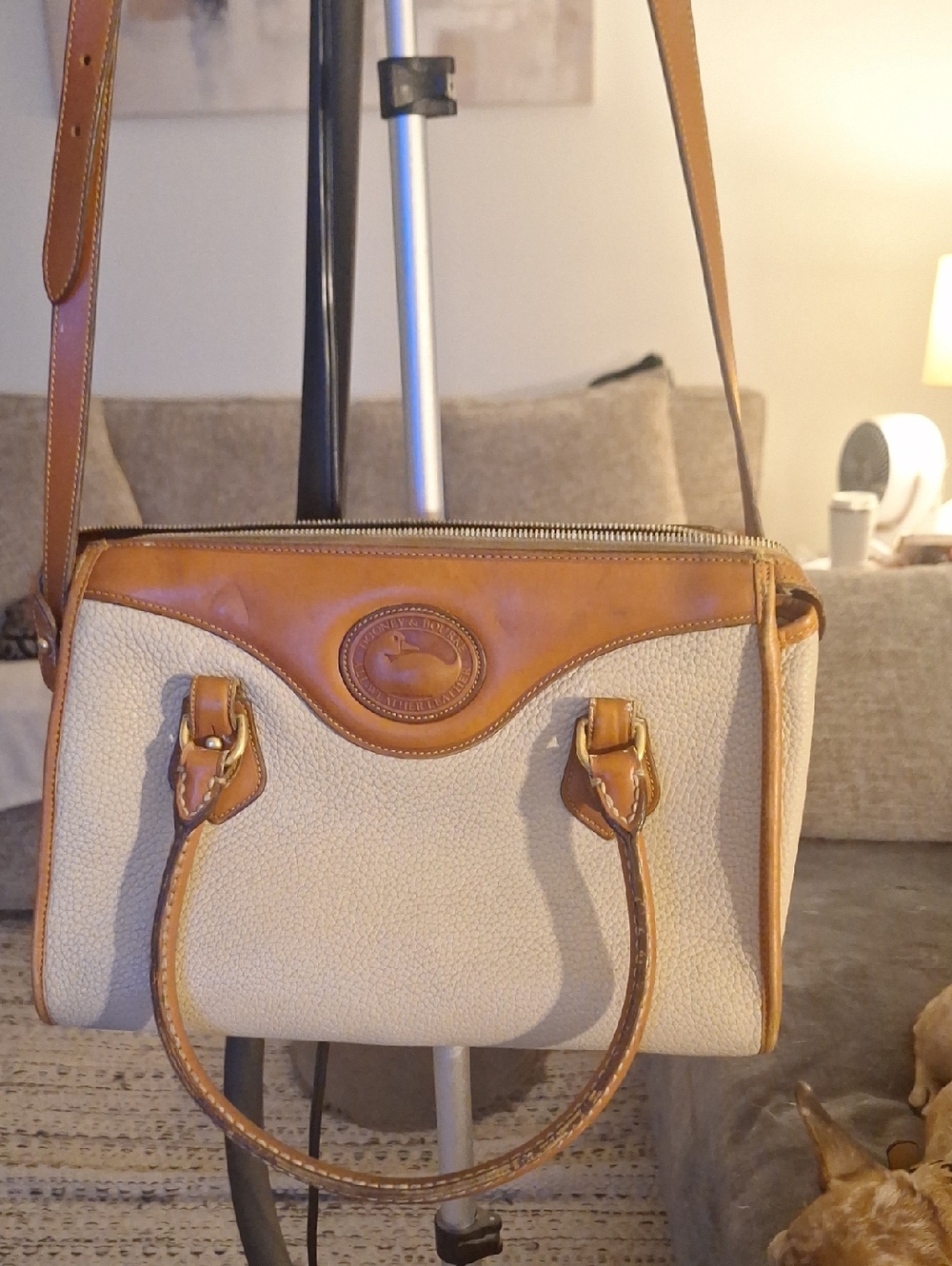 Dooney & Bourke Cream & Tan Leather Trim Shoulder Bag